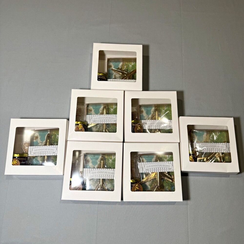 Lot of 7 Wedding Party Favors Honey Jars & Gold Airplane Bottle Openers